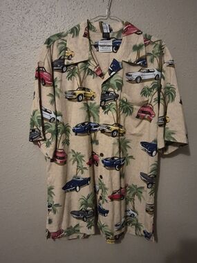 David Carey Mens L Shirt Green Ford Mustang Classic Car Tropical Hawaiian